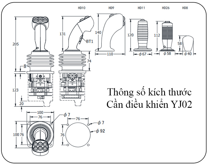 Kích thước tay cần điều khiển dòng YJ02